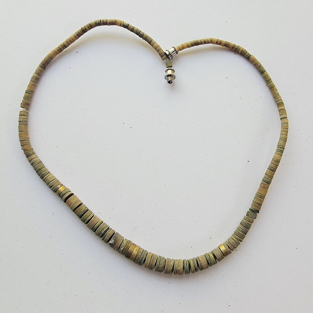 Olive Green Heishi Bead Necklace With Silver Screw Clasp Boho Minimalist Style